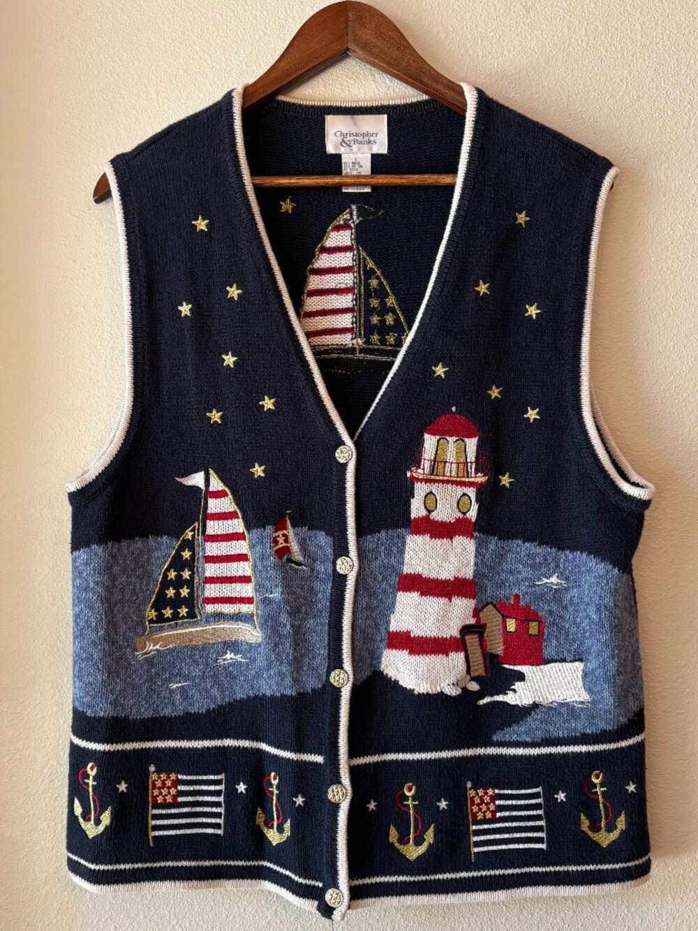 Vintage Christopher & Banks Knit Sweater Vest Embroidered Lighthouse Sailboats L